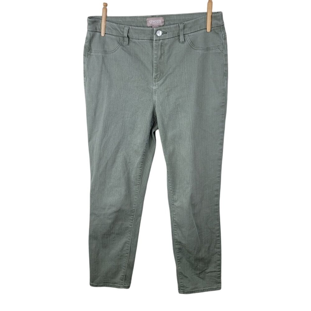 CHICOS Straight Leg Ankle Pants Size 1 8 Medium 34" Waist Green Stretch
